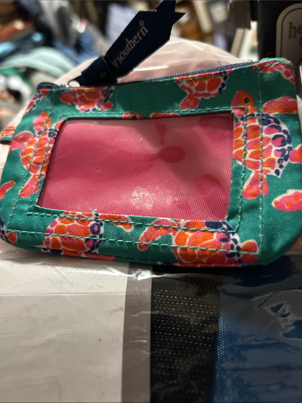 Southern Charm Teal Floral ID Wallet with Pink Window Glass Turtles  small